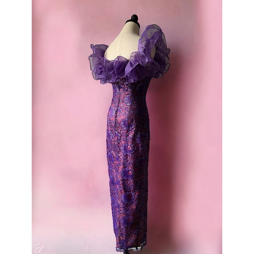 Vintage 80s Metallic Lace Gown | Purple Off Shoulder Ruffle Corset Dress| XS - Picture 5 of 9